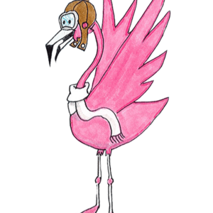 Pink Flamingo standing with his wings raised above his head and wearing a brown old style aviator helmet and goggles. He is also sporting a white scarf draped around his neck.